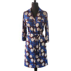 J. MCLAUGHLIN Brynn Malmo Poppy Button Front Dress Tie Belt Dark Brown Blue XS